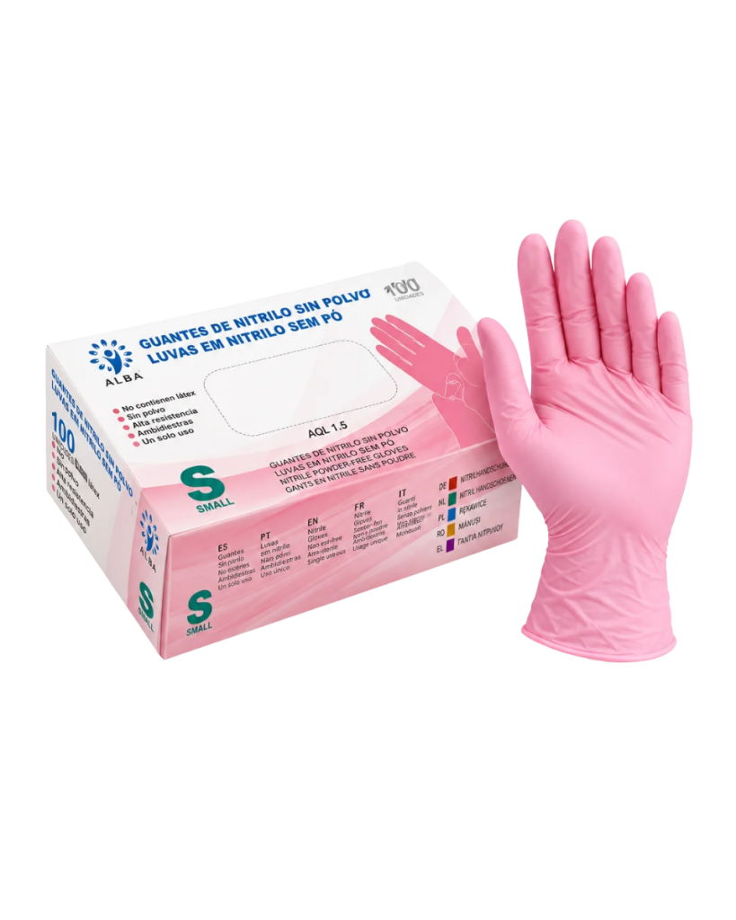 Guantes de nitrilo rosa sin polvo ALBA caja de 100 unidades